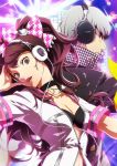  1boy 1girl bow bra brown_hair disco_ball hair_bow headphones jacket kujikawa_rise lens_flare megami_tensei multicolored_background narukami_yuu official_art open_clothes open_jacket persona persona_4 persona_4:_dancing_all_night product_placement shin_megami_tensei silver_hair twintails underwear zipper 
