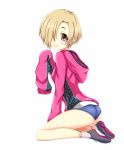  1girl ass blonde_hair earrings hair_over_one_eye idolmaster idolmaster_cinderella_girls jewelry legs red_eyes shirasaka_koume short_hair shorts smile solo 