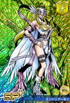  1girl angel_wings angewomon asymmetrical_clothes bandai belt blonde_hair breasts card_game cleavage digimon digimon_crusader female gloves head_wings helmet lips long_hair lowres multiple_wings official_art ribbon smile wings 