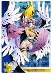  1girl angel_wings angewomon asymmetrical_clothes bandai belt blonde_hair breasts card_game cleavage digimon digimon_crusader female flying gloves head_wings helmet legs lips long_hair lowres multiple_wings official_art ribbon wings 