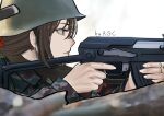  1girl absurdres artist_name assault_rifle bangs brown_eyes brown_hair camouflage camouflage_jacket closed_mouth eyebrows_visible_through_hair girls_frontline gun hair_between_eyes hat helmet highres holding holding_gun holding_weapon jacket long_hair looking_away military military_hat military_uniform profile rifle rsc solo type_56-1_(girls&#039;_frontline) type_56_assault_rifle uniform upper_body weapon white_background 