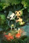  bluekomadori budew chespin grass highres leaf magikarp no_humans pancham pipe plant pokemon pokemon_(game) river water 