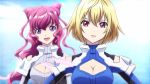  2girls :d angelise_ikaruga_misurugi blonde_hair bodysuit breasts cleavage cleavage_cutout cross_ange feathers female hair_between_eyes head_tilt lips lipstick looking_at_viewer makeup multiple_girls naomi_(cross_ange) open_mouth pink_hair ponytail red_eyes serious short_hair sky smile violet_eyes wavy_hair 