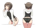  1girl arm_support ass black_panties breasts brown_eyes brown_hair cowboy_shot from_behind hair_between_eyes headgear hood hooded_jacket jacket kantai_collection leaning_forward looking_at_viewer multiple_views panties pointing pointing_at_self short_hair small_breasts taihou_(kantai_collection) tamu_(mad_works) thighs underwear 