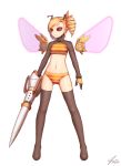  1girl bee bee_girl black_legwear black_thighhighs blonde_hair female gloves holding holding_weapon insect_girl long_sleeves midriff mr._yvk navel no_pupils original panties red_eyes solo striped striped_panties thigh-highs underwear weapon white_background wings 