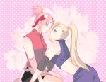  2girls alternate_hairstyle arm artist_request bent_over bike_shorts blonde_hair blue_eyes blush couple eye_contact facial_mark female floral_background flower forehead_mark forehead_protector friends green_eyes hair_ornament hair_over_one_eye hairband hairclip haruno_sakura incipient_kiss long_hair looking_at_another midriff multiple_girls naruto naruto_shippuuden o3o pink_background pink_hair ponytail short_hair shorts sitting skirt sleeveless sparkle sparkle_background sweatdrop topknot yamanaka_ino yuri 