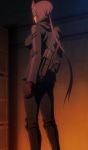  1girl back gloves gun hizaki_chikage long_hair purple_hair rifle solo standing stitched triage_x weapon 