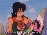  1boy 1girl 80s animated animated_gif black_hair chi-chi_(dragon_ball) dragon_ball missing_teeth oldschool subtitled yamcha 