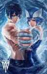  1boy 1girl black_hair blue_hair ceasar_ian_muyuela couple elbow_gloves fairy_tail gloves gray_fullbuster hand_holding juvia_loxar looking_at_viewer shirtless water wet white_gloves 