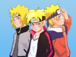  3boys ahoge artist_request blonde_hair blue_background boruto:_the_movie fishnets forehead_protector jacket jewelry looking_at_viewer multiple_boys namikaze_minato naruto naruto_shippuuden necklace open_clothes open_jacket pout smile spiky_hair time_paradox uzumaki_boruto uzumaki_naruto v-neck whiskers 