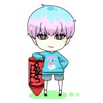  1boy bigbang brown_eyes chibi crayon earrings g-dragon hand_on_hip jewelry k-pop leaning loafers looking_at_viewer male_focus multicolored_hair shoes shorts socks solo standing sweater white_legwear 
