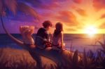  1girl 2boys allexis_kristedja bare_shoulders belt black brown_hair clouds kairi_(kingdom_hearts) kingdom_hearts kingdom_hearts_ii looking_back multiple_boys ocean palm_tree redhead riku scenery silver_hair sitting smile sora_(kingdom_hearts) spiky_hair star_(sky) sun sunset tree 