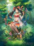  1girl animal_ears bare_shoulders bird black_hair blue_eyes cat_ears eihi female flower last_chronicle long_hair looking_at_viewer midriff multicolored_hair navel open_mouth sitting smile solo twintails 