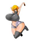 1girl arms_up blonde_hair blush breasts card curvy gigantic_breasts green_eyes jumping looking_at_viewer navel open_mouth solo sweater thick_thighs thigh-highs wide_hips yu-gi-oh! 