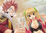  1boy 1girl blonde_hair breasts cleavage clouds fairy_tail highres jacket looking_at_viewer lucy_heartfilia mashima_hiro natsu_dragneel official_art open_clothes open_jacket pink_hair scarf smile spiky_hair twintails wristband 