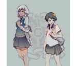  2girls backpack bag batman_(series) black_hair crest dark_skin dc_comics gotham_academy maps_mizoguchi multiple_girls necktie olive_silverlock red_eyes school_uniform short_hair skirt smile sweater_vest taho white_hair 