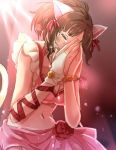  1girl alternate_hairstyle animal_ears bow breasts brown_hair cat_ears cleavage closed_eyes fake_animal_ears hair_bow idolmaster idolmaster_cinderella_girls maekawa_miku restaint ribbon short_hair solo tail tears 