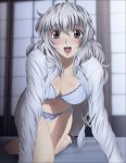  1girl absurdres all_fours barefoot bed black_eyes bra breasts cleavage feet female full_metal_panic! grey_hair happy highres large_breasts legs long_hair looking_at_viewer navel open_clothes open_mouth panties smile solo teletha_testarossa thighs underwear yadokari_genpachirou 