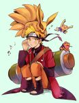  1boy amphibian_eyes animal animal_on_head blonde_hair boring_(brtgm) cloak forehead_protector fox frog_eyes gamakichi gamatatsu headphones kurama_(naruto) multiple_tails musical_note naruto naruto_shippuuden pout scroll sitting sleeping spiky_hair strap tail toad_(animal) toeless_boots uzumaki_naruto whiskers zipper 