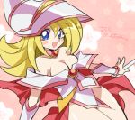  1girl bare_shoulders blonde_hair blue_eyes blush_stickers boots breasts cleavage dark_magician_girl detached_sleeves duel_monster female happy large_breasts long_hair miniskirt skirt solo yu-gi-oh! yuu-gi-ou_duel_monsters 