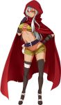  1girl belt breasts cape cecily_(sennen_sensou_aigis) cleavage cloak fingerless_gloves gloves hood hooded_cloak hoodie legwear long_hair midriff navel sennen_sensou_aigis short short_shorts shorts silver_hair solo standing thigh_boots thighs white_background yellow_eyes 