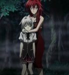  2girls blue_eyes breasts dress forest high_school_dxd large_breasts multiple_girls nature night red_dress redhead rias_gremory sad school_uniform standing stitched toujou_koneko tree 