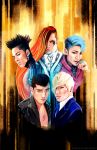  5boys armor asymmetrical_hair bigbang blonde_hair blue_hair bow bowtie brown_eyes cravat daesung earrings g-dragon hair_over_one_eye hand_on_own_face injury jewelry k-pop long_hair looking_at_viewer male_focus mohawk multicolored_hair multiple_boys necklace necktie open_clothes open_shirt piercing ring seungri_(bigbang) shirt side_shave striped_shirt suit t.o.p_(bigbang) taeyang tattoo topless two-tone_hair 