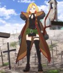  1girl belt blonde_hair blue_eyes boots breasts building clouds earrings grave highres jewelry junketsu_no_maria maria_(junketsu_no_maria) screencap short_hair sky solo standing thigh_strap wreath 