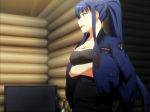  1girl blue_eyes blue_hair breasts cleavage crossed_arms grisaia_(series) grisaia_no_kajitsu grisaia_no_rakuen highres jacket kusakabe_asako ponytail smile stitched 