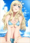  1girl absurdres bikini blonde_hair blue_eyes blush boku_wa_tomodachi_ga_sukunai breast_squeeze breasts clouds female highres kashiwazaki_sena large_breasts legs long_hair looking_at_viewer open_mouth sitting sitting_on_person sky smile solo sweat swimsuit thighs yadokari_genpachirou 