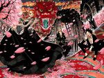  1girl 2boys abs belt black_dress black_hair black_shoes cherry_blossoms cherry_tree color_spread cover cover_page crossed_arms dragon dress earrings flower formal green_hair hat headwear_removed jacket jewelry lace_sleeves long_sleeves monkey_d_luffy multiple_boys nami_(one_piece) necklace oda_eiichirou official_art one_eye_closed one_piece open_clothes open_shirt orange_hair petals roronoa_zoro ruins scar sheathed_sword shirt shoes sitting stairs stampede_string statue straw_hat suit tattoo tree wink 