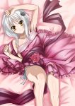  1girl bed breasts high_school_dxd highres looking_at_viewer lying official_art panties small_breasts solo toujou_koneko underwear white_hair yellow_eyes 