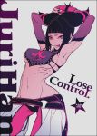  1girl armpits black_hair fingerless_gloves fishine gloves han_juri muscle pink_eyes street_fighter toned tongue tongue_out wide_hips 