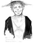  1boy closed_eyes hat long_sleeves male_focus monkey_d_luffy monochrome one_piece open_clothes open_shirt scar shirt sketch smile solo straw_hat tegaki white_background 