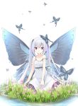  1girl arm_support bare_shoulders butterfly butterfly_wings closed_mouth collarbone dress fairy female flower grass long_hair original ribbon sitting smile solo soru22 strap_slip twintails violet_eyes water white_background white_hair wings 