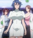  3girls blue_hair breasts brown_eyes brown_hair cleavage glasses hand_on_hip hat hitsugi_sayo huge_breasts labcoat large_breasts long_hair multiple_girls nurse nurse_cap sagiri_yuuko screencap short_hair smile standing stitched sword triage_x tsurugi_miki violet_eyes weapon 