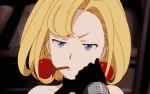  1girl animated animated_gif annoyed bare_shoulders blonde_hair blue_eyes chin_rest earrings eating frown gloves half-closed_eyes jewelry junketsu_no_maria maria_(junketsu_no_maria) short_hair sleeveless upper_body 