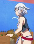  1girl amagi_brilliant_park animated animated_gif bandanna bare_shoulders belt bikini bottle breasts cleavage female green_eyes large_breasts lowres muse_(amaburi) navel silver_hair solo stocks swimsuit tagme vest 