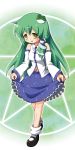  +_+ 1girl blue_skirt blush green_hair hair_ornament jinnouchi_akira kochiya_sanae long_hair long_sleeves navel open_mouth skirt solo touhou wingdings yellow_eyes 