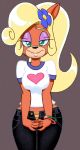  1girl big-e6 blonde_hair breasts coco_bandicoot cowboy_shot crash_bandicoot denim ears female furry green_eyes hair_ornament hands hands_together heart jeans mouth nose panties pants pink_eyelids pointy_ears shirt simple_background solo t-shirt unbuttoned underwear 