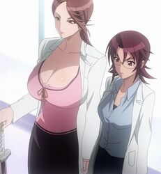  2girls breasts brown_hair huge_breasts multiple_girls sagiri_yuuko screencap standing stitched sword triage_x tsurugi_miki weapon 