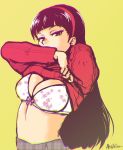  1girl akairiot amagi_yukiko black_hair bra breasts brown_eyes cleavage hairband large_breasts long_hair looking_at_viewer midriff persona persona_4 school_uniform shirt_lift solo sweater underwear undressing upper_body 