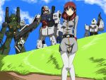  1girl brown_eyes brown_hair gm_(mobile_suit) grass ground_gundam gun guncannon gundam gundam_lost_war_chronicles looking_at_viewer mecha military military_uniform nanasi-g noel_anderson shield skull_and_crossbones smile uniform weapon 