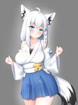  1girl ahoge animal_ears aqua_eyes blue_eyes blue_skirt blush breasts fox_ears highres hololive japanese_clothes kimono llxr18 looking_at_viewer pentagram pleated_skirt shirakami_fubuki shirt short_kimono skirt solo thighs virtual_youtuber white_kimono white_shirt 