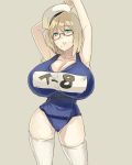  1girl arms_up blonde_hair blue_eyes breasts curvy female glasses hat huge_breasts i-8_(kantai_collection) kantai_collection legwear muneneko simple_background solo standing swimsuit thighs wide_hips 