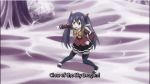  1boy 1girl animated animated_gif black_hair fairy_tail kicking lowres purple_hair subtitled twintails weapon wendy_marvell 
