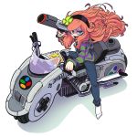  1girl 4chan 80s 8chan akira bags_under_eyes bangs clover denim female four-leaf_clover freckles full_body gamer gashi-gashi green_eyes grin ground_vehicle hairband highres hood hoodie jeans long_hair motor_vehicle motorcycle no_shoes open_mouth original pants redhead shaded_face sharp_teeth sidelocks simple_background smile socks solo super_famicom super_scope sweater swept_bangs teeth vehicle vivian_james white_background 