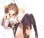  1girl ahoge bare_shoulders blush boots breasts breasts_apart brown_boots brown_eyes brown_hair cleavage collarbone cup detached_sleeves double_bun female full_body headgear kantai_collection knee_boots knees_together_feet_apart kongou_(kantai_collection) large_breasts licking_lips long_hair looking_at_viewer mx2j_(nsh6394) nontraditional_miko pinky_out reclining ribbon-trimmed_sleeves ribbon_trim sitting smile solo teacup thigh-highs thigh_boots thighs tongue tongue_out unfinished 