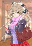  1girl amagi_brilliant_park artist_request bag breasts brown_eyes brown_hair cellphone female hair_ornament large_breasts long_hair phone scarf sento_isuzu solo 