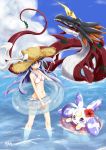  1girl beach bikini digimon female hat lunamon outdoors sayo_(digimon) sky smile solo swimsuit waruseadramon 